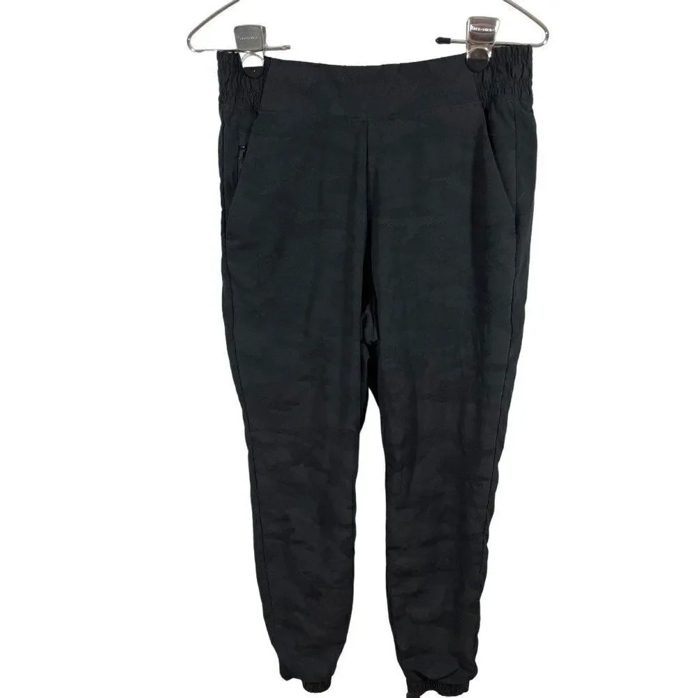 Athleta Brooklyn Textured Lined Jogger Pants Sz 4 Black Camo Pockets Pull On